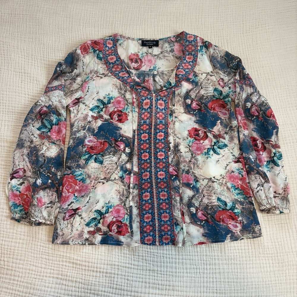 Feathers By Tolani Blouse Womens Sz Medium Floral Boho Top Long Sleeve Tie Front